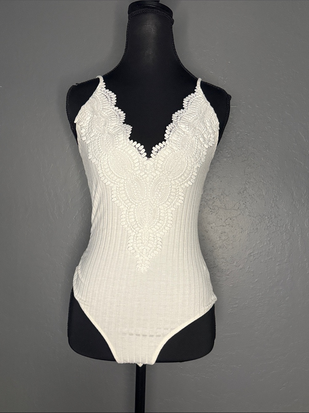 Windsor White Ribbed Lace-Trim V-Neck Bodysuit
